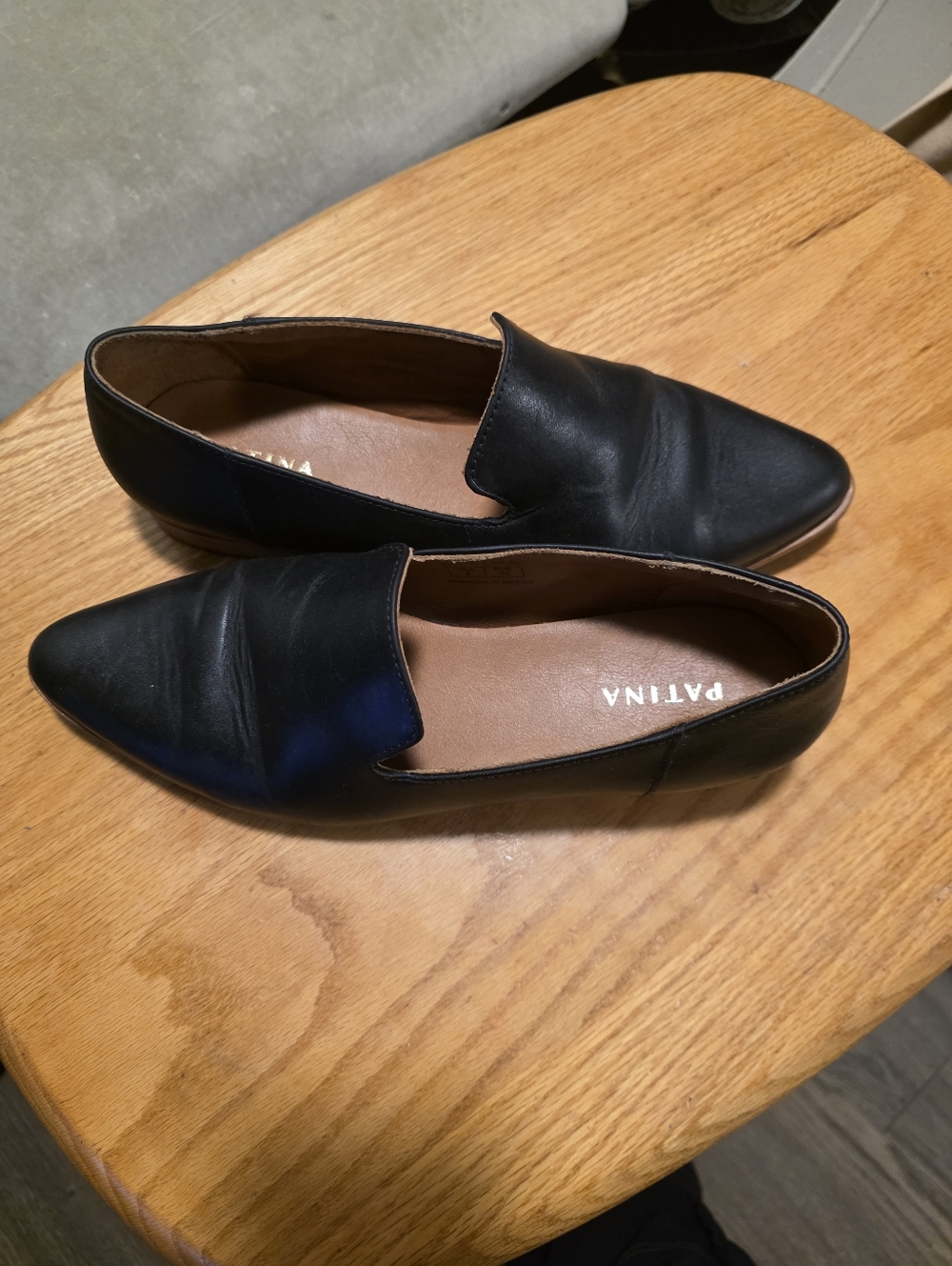Patina Black Pointed Toe Leather Loafers for Women, Sz 8